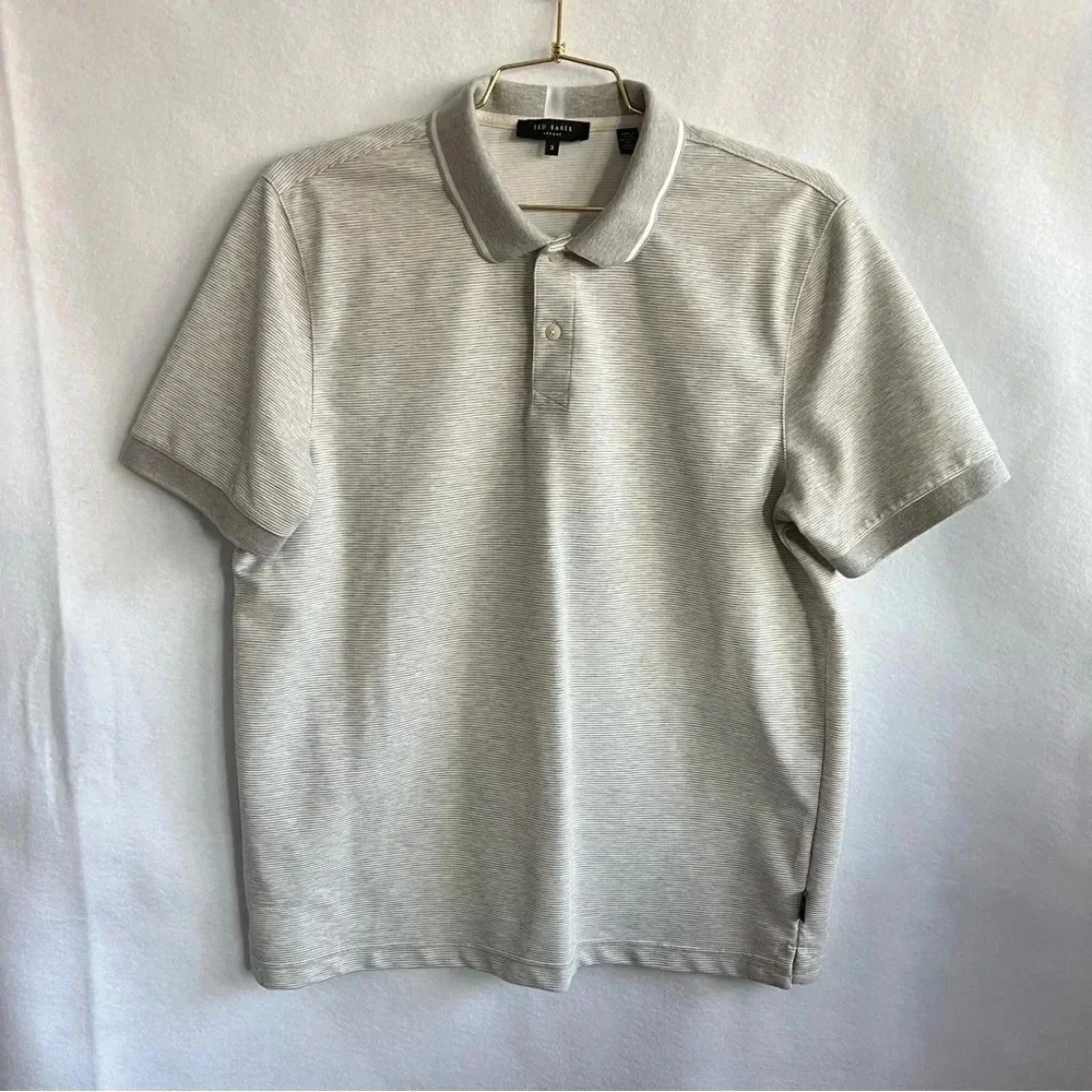 Ted Baker Ellerby Stripe Polo Size 3 (Medium) Shirt Gray/White Short Sleeve